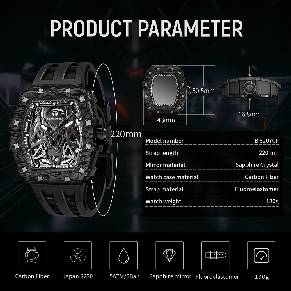 TSAR BOMBA – Carbon Fiber Automatic Men’s Watch (Model TB-8207)